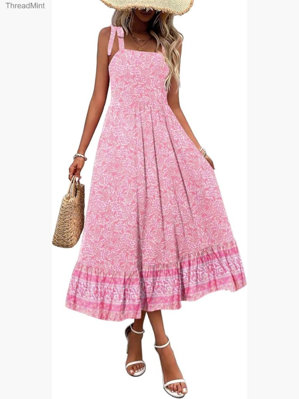 Summer Maxi Dress with Pockets Spaghetti Strap Flowy Boho Tiered Beach